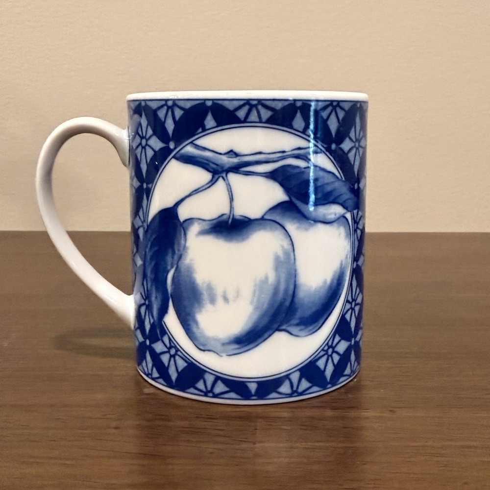 Vintage Pier 1 Japan Handcrafted Blue White Apple Ceramic Mug 4" Coffee Mug